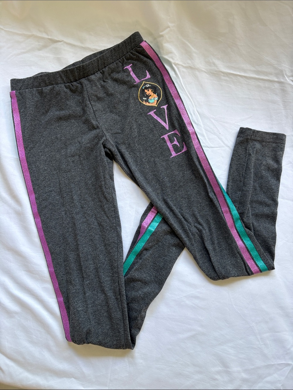 Disney Princess Jasmine Charcoal Leggings with Purple & Teal Side Stripes